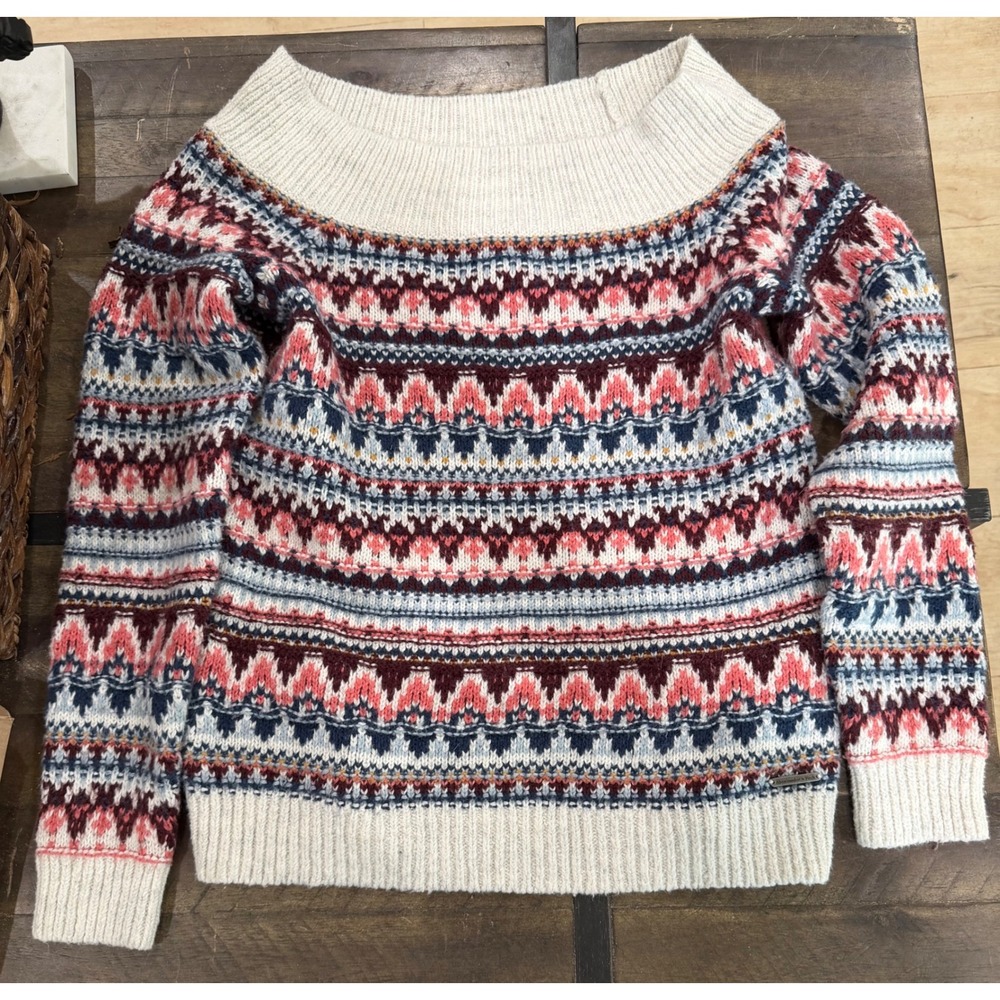 Abercrombie & Fitch Womens Fair Isle Off The Shoulder Sweater Cream Pink Small
